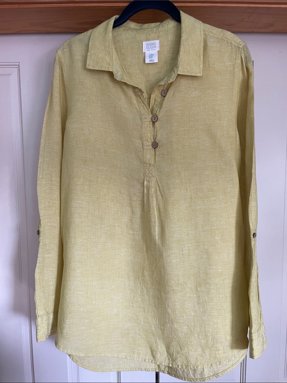 Sigrid Olsen Pale Yellow Linen Button-Front Shirt Size Medium